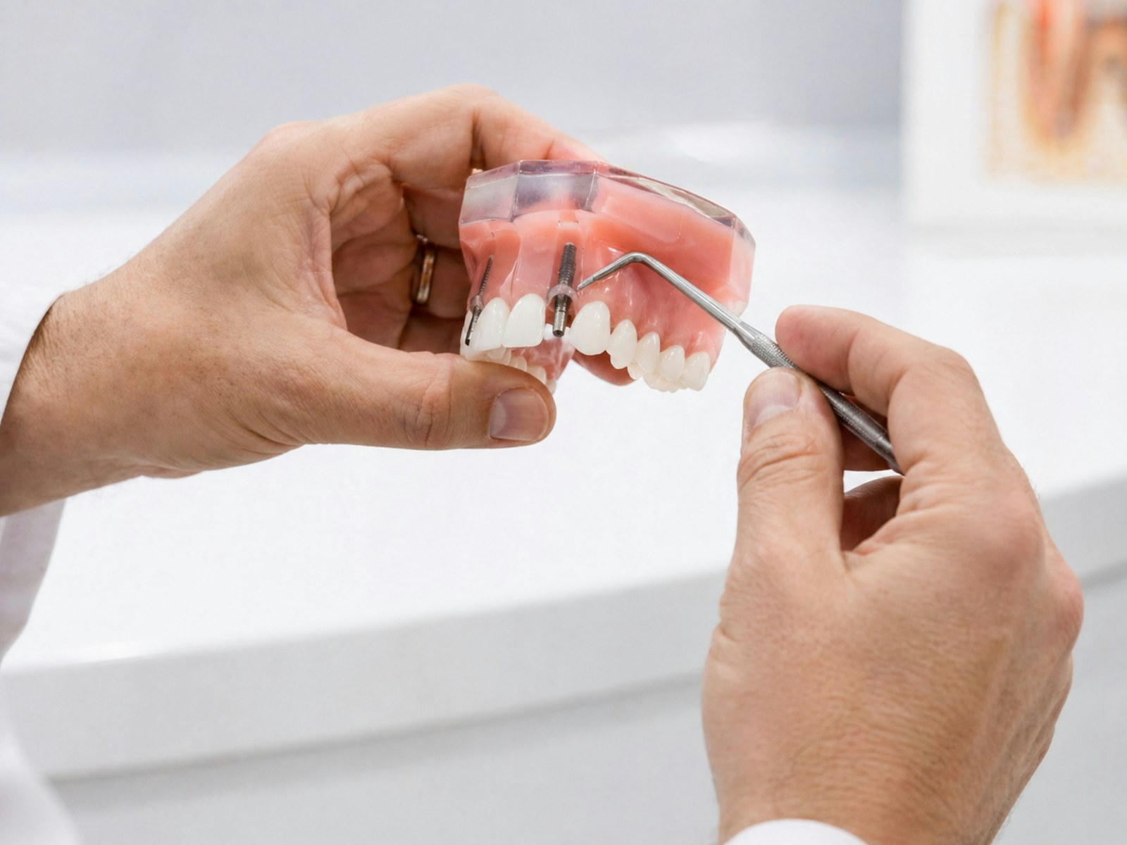 Dental specialist demonstrating an implant model