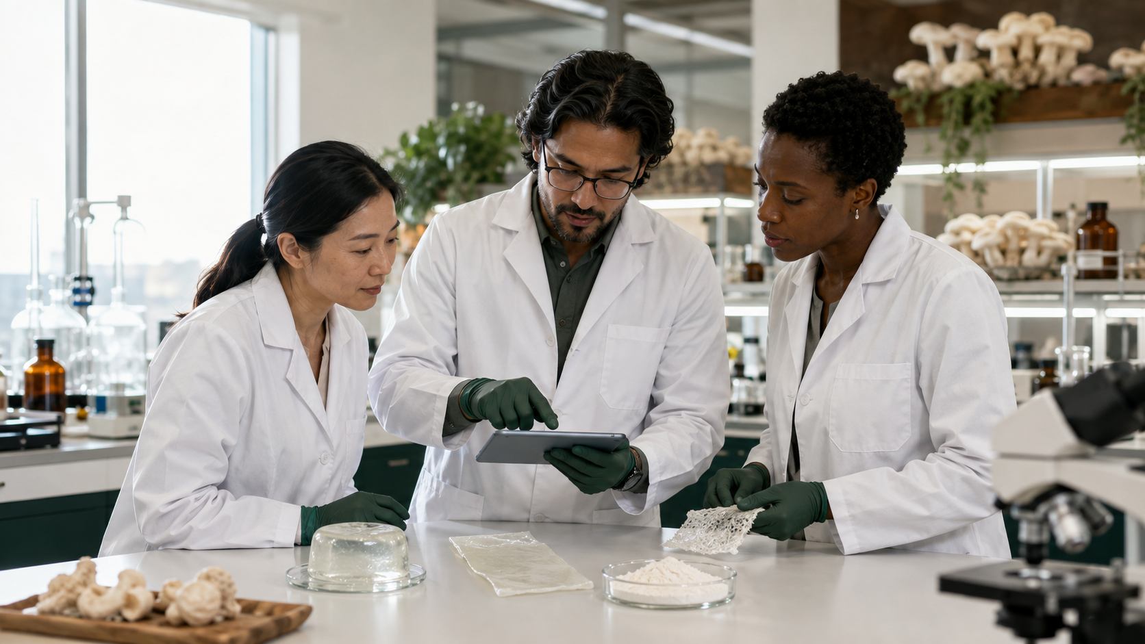 Biomaterials scientists reviewing chitosan powder, film, hydrogel and fiber samples